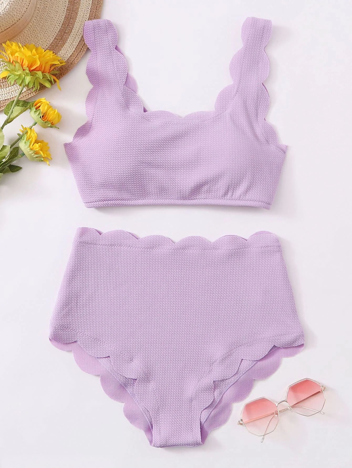 Women Scalloped Textured High Waisted Bikini Set Solid Two Pieces Beach Bathing Suits Swimwear Lace up Biquinis Bathing Suits