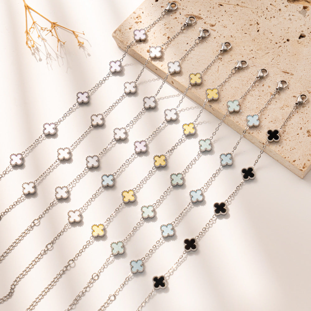 New Macaron Color Four-Leaf Clover Lucky Bracelet, Fashionable Elegant Titanium Steel Jewelry, Stylish Everyday Accessory