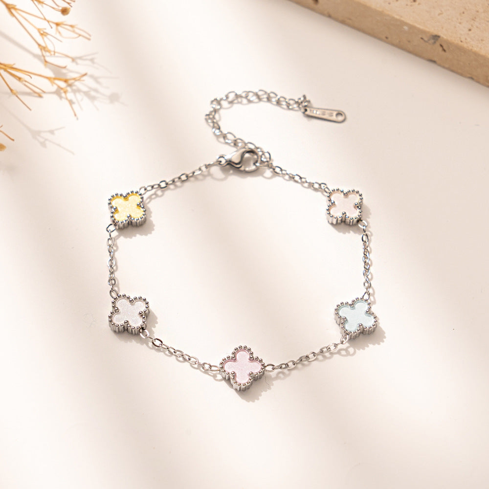 New Macaron Color Four-Leaf Clover Lucky Bracelet, Fashionable Elegant Titanium Steel Jewelry, Stylish Everyday Accessory