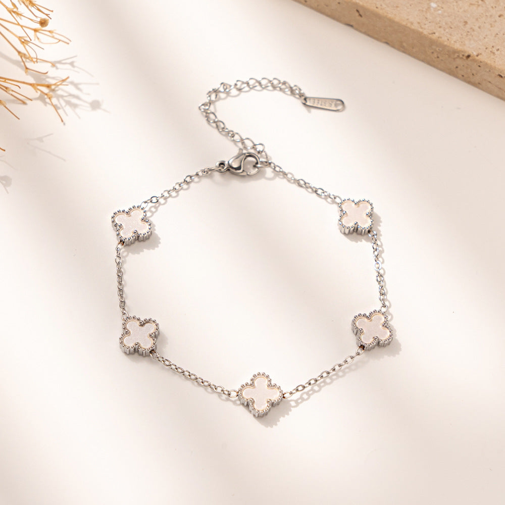 New Macaron Color Four-Leaf Clover Lucky Bracelet, Fashionable Elegant Titanium Steel Jewelry, Stylish Everyday Accessory