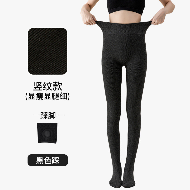 Women's Striped Fleece-Lined Leggings, Thick Warm Vertical Stripe Slimming Full-Length Leggings for Fall & Winter