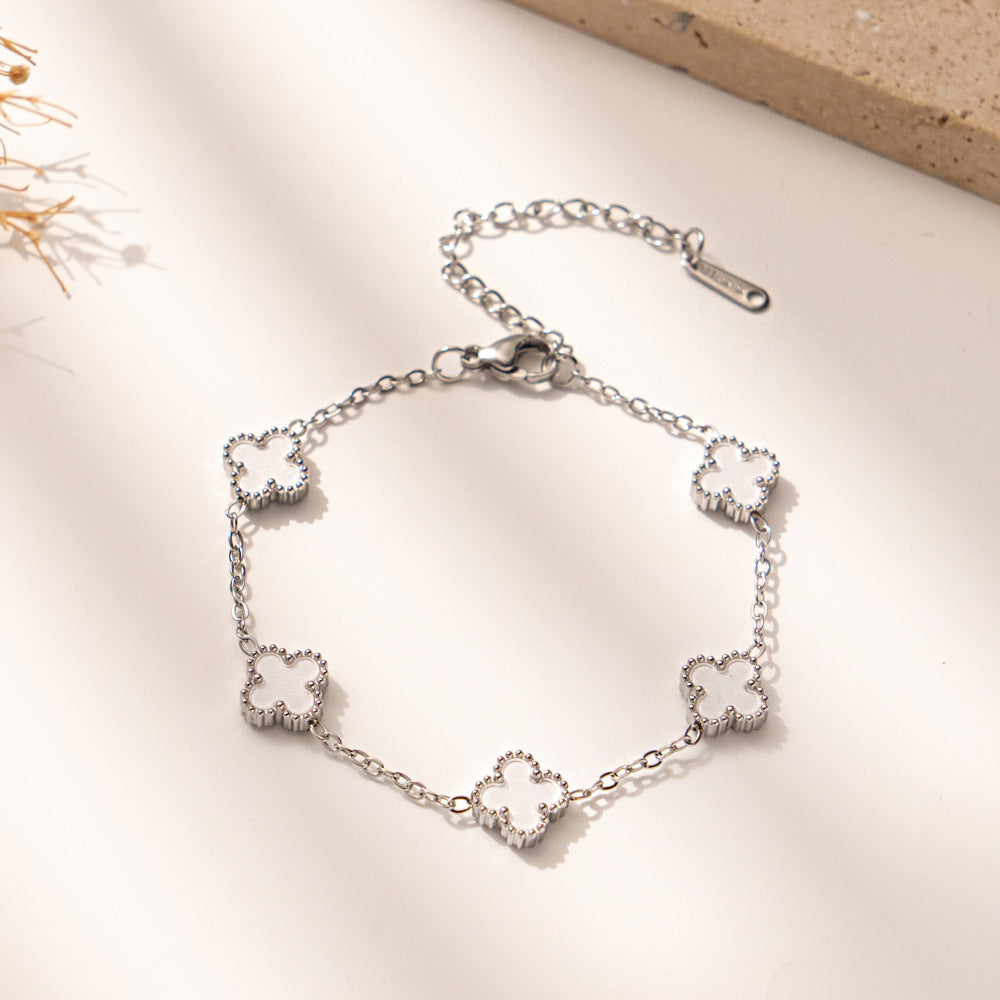 New Macaron Color Four-Leaf Clover Lucky Bracelet, Fashionable Elegant Titanium Steel Jewelry, Stylish Everyday Accessory