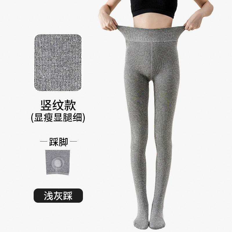 Women's Striped Fleece-Lined Leggings, Thick Warm Vertical Stripe Slimming Full-Length Leggings for Fall & Winter