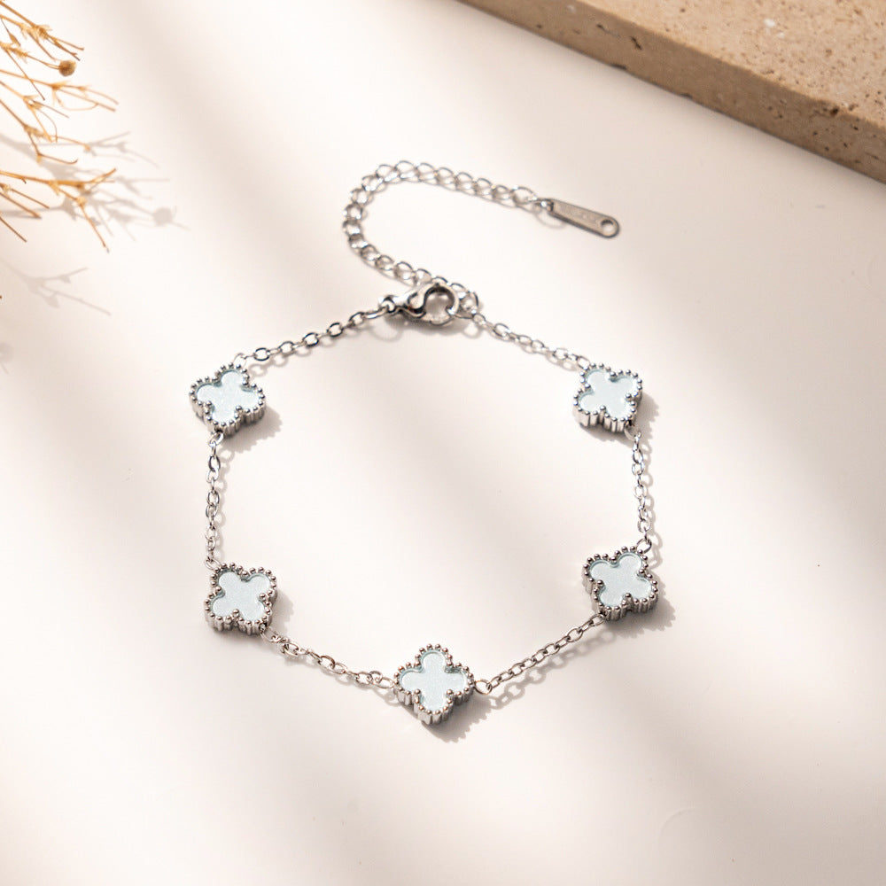 New Macaron Color Four-Leaf Clover Lucky Bracelet, Fashionable Elegant Titanium Steel Jewelry, Stylish Everyday Accessory