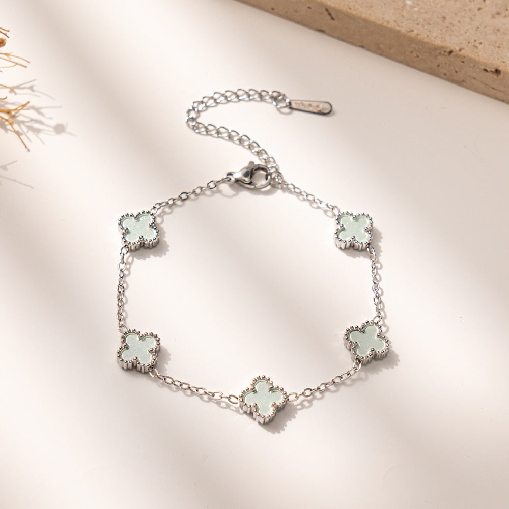 New Macaron Color Four-Leaf Clover Lucky Bracelet, Fashionable Elegant Titanium Steel Jewelry, Stylish Everyday Accessory