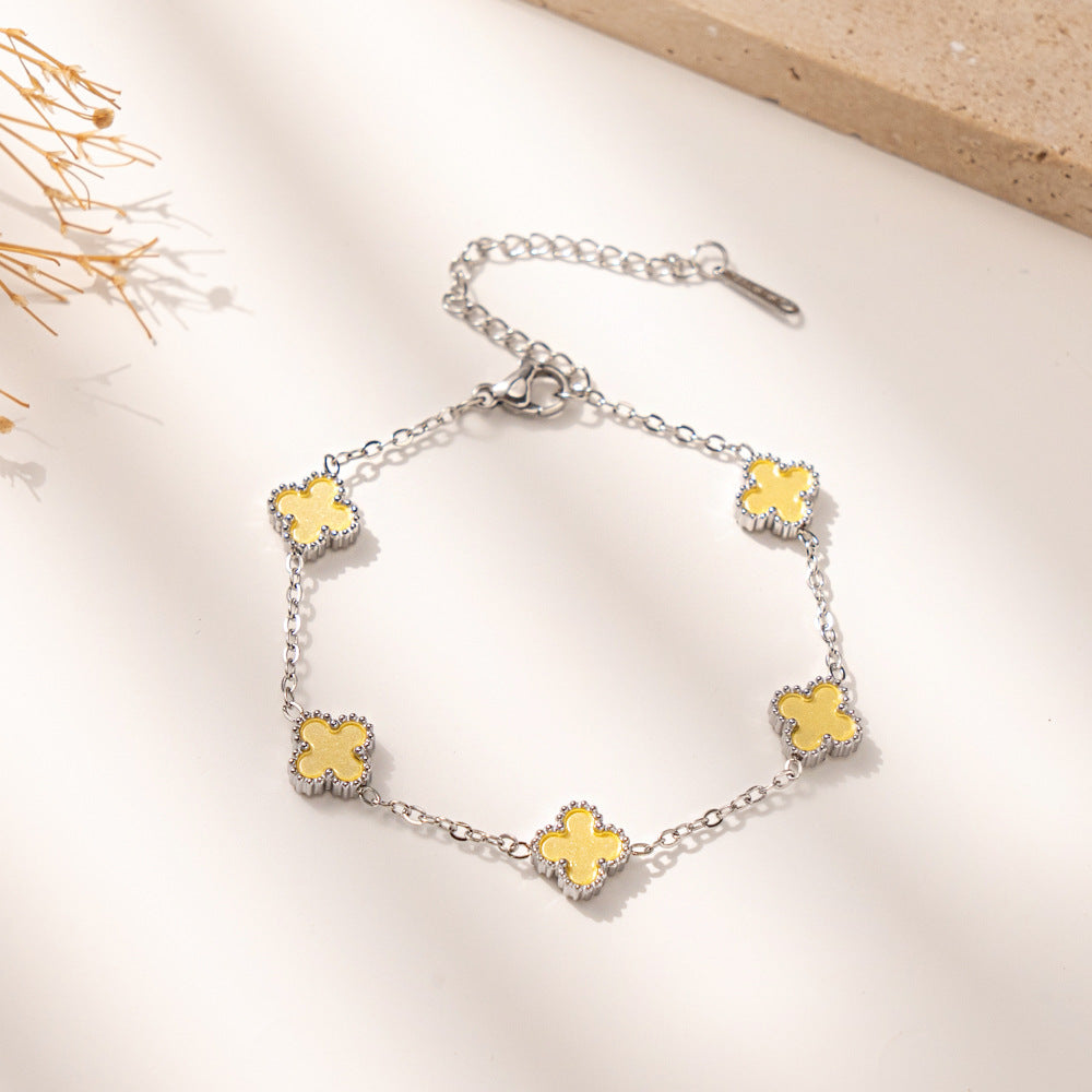 New Macaron Color Four-Leaf Clover Lucky Bracelet, Fashionable Elegant Titanium Steel Jewelry, Stylish Everyday Accessory