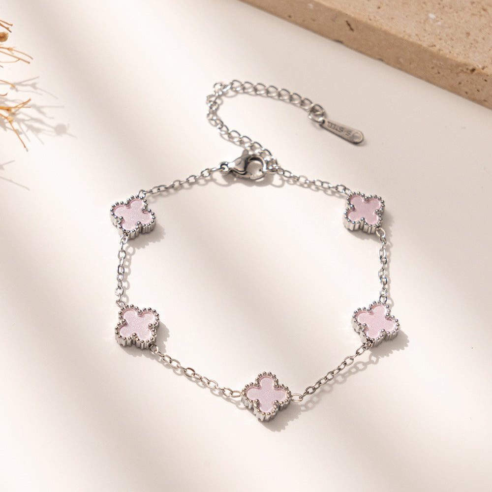 New Macaron Color Four-Leaf Clover Lucky Bracelet, Fashionable Elegant Titanium Steel Jewelry, Stylish Everyday Accessory