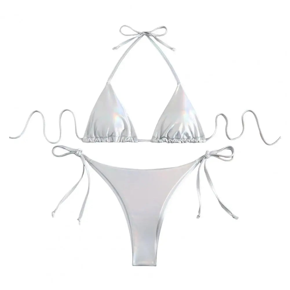 Solid Color Halter Neck Strap Thong Women Swimsuit Two Pieces Bikini Set Bronzing Surface Lace-up Briefs Beach Swimwear Swimsuit
