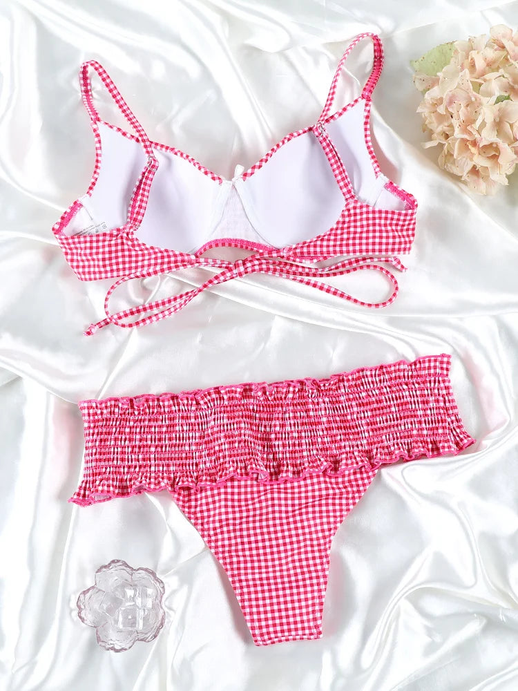 Bowknot Ruffle Bikinis Thongs Plaid Women's Swimsuit 2025 Red Lattice Swimwear Bathing Suits Biquini Summer Beachwear Swimsuit