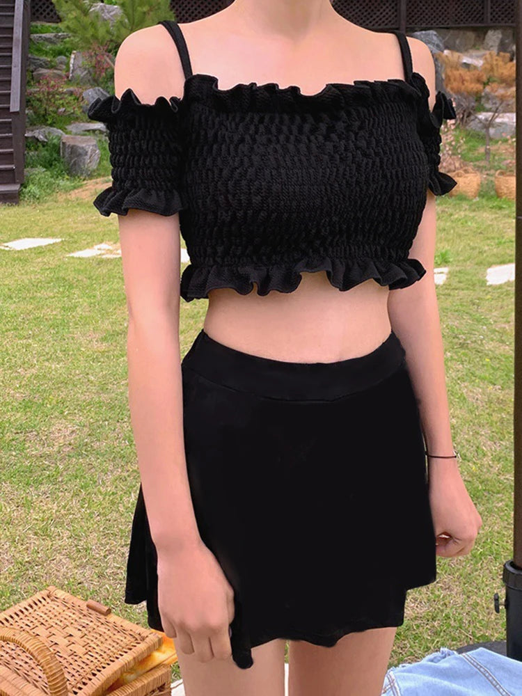 OIINAA Swimwear Women Halter Slash Neck Bikini Set Pleated Ruffled High Waist Dot Skirt Summer 2025 Vintage Hot Spring Swimwear