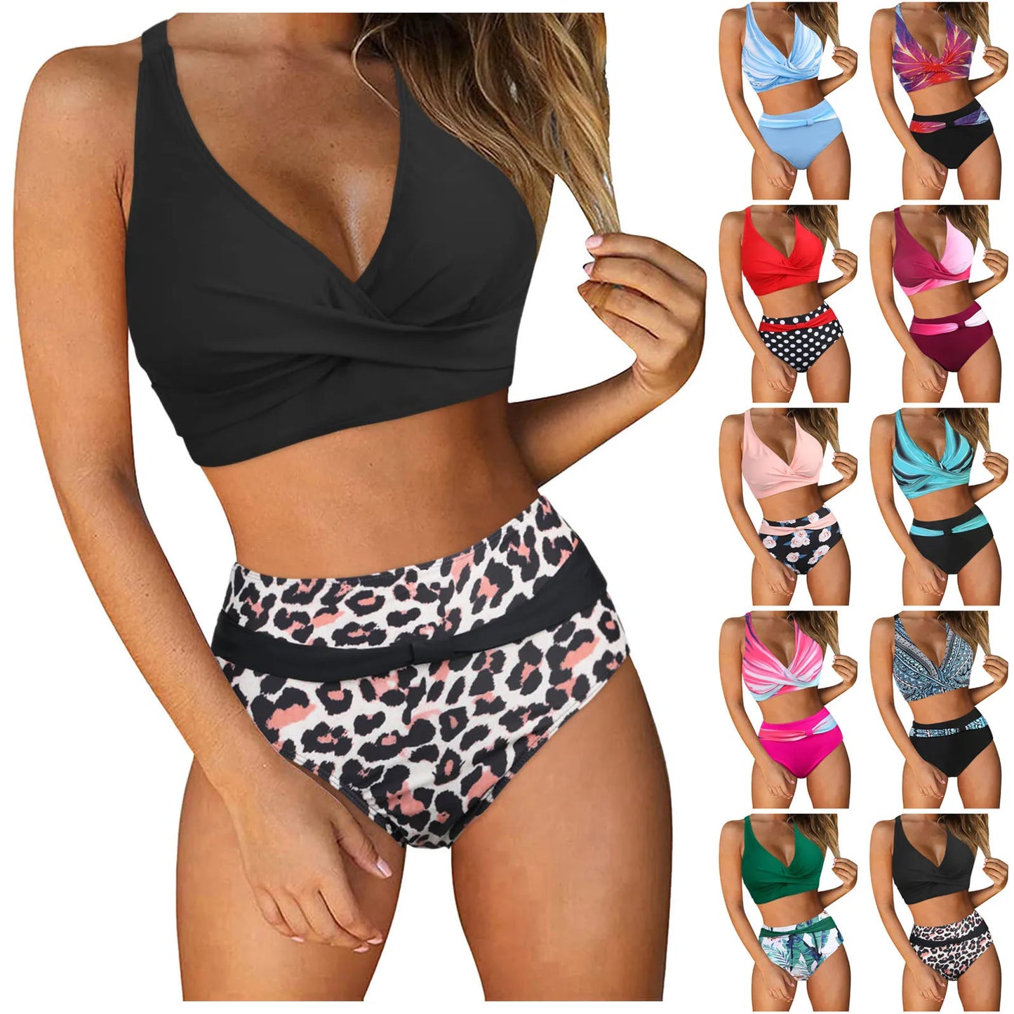 Women High Waisted Bikini Sexy Deep V Neck Push Up Bra Two Piece Vintage Bohomian Style High Rise Full Coverage Hip Swimsuit