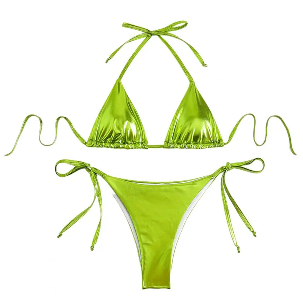 Solid Color Halter Neck Strap Thong Women Swimsuit Two Pieces Bikini Set Bronzing Surface Lace-up Briefs Beach Swimwear Swimsuit