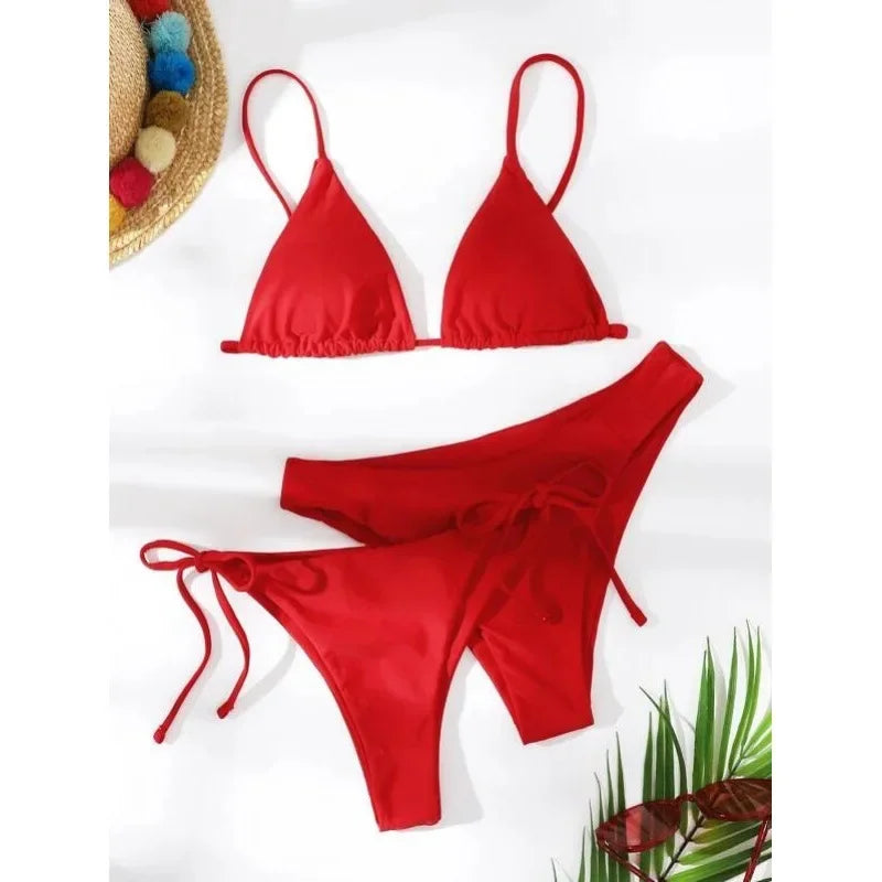 OIINAA Swimwear Women Sexy Solid Swimsuit Drawstring Bow Tie Bikini Set Three-pieces Beachwear Summer Thong Bather Bathing Suit