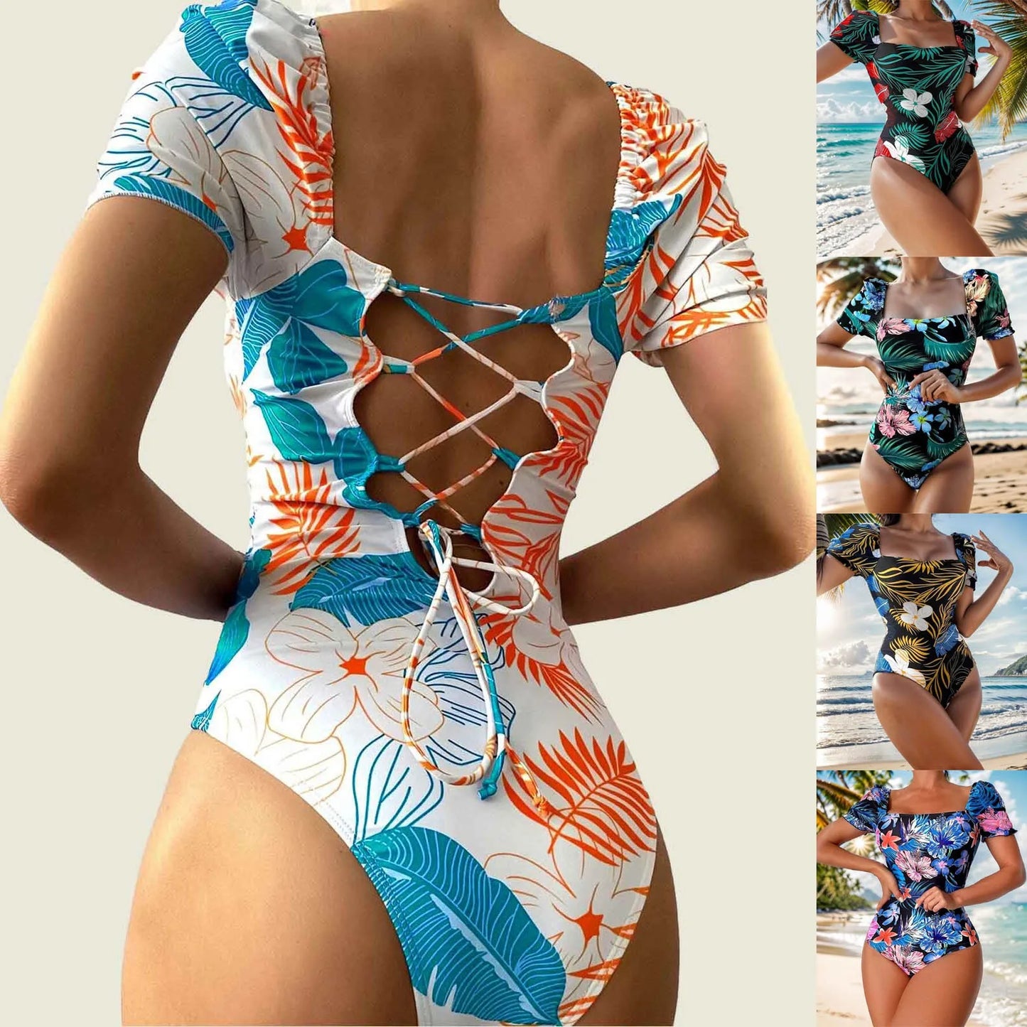 Women Swimsuit Fashion Swimsuit Printed Flower Triangle Bikini Strap Sexy Swimsuit Hawaiian Sea Sexy One-Piece Swimsuit Biquini