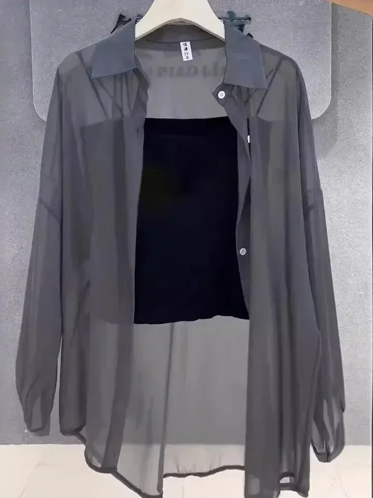 Plus Size Women’s Shirts Summer Breathable and Sun-Proof Ice Silk with Button Thin Loose Sheer Chiffon Blouses Long Sleeve