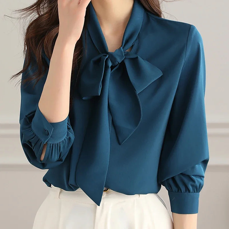 Women Elegant Solid Chiffon Shirts For Women Long Sleeve All-match Bow Blouses Vintage Basic Tops Femme Fashion New