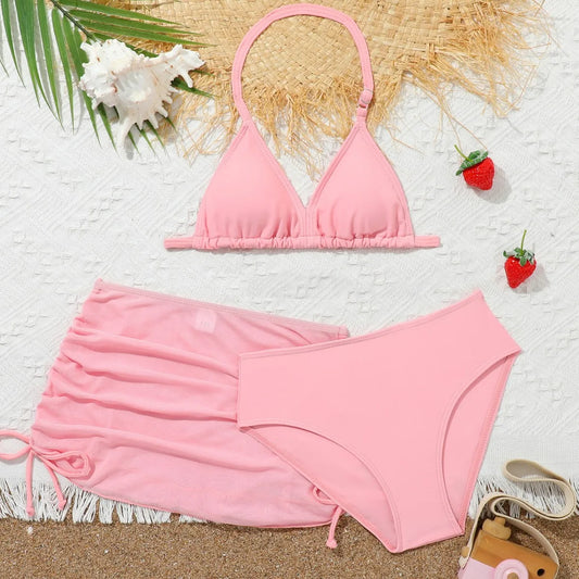 3 Pieces Bikini Top & Skirt 2025 Girls Swimsuit Kids High Waist Swimwear Children Bathers Bathing Swimming Swim Suit Beachwear