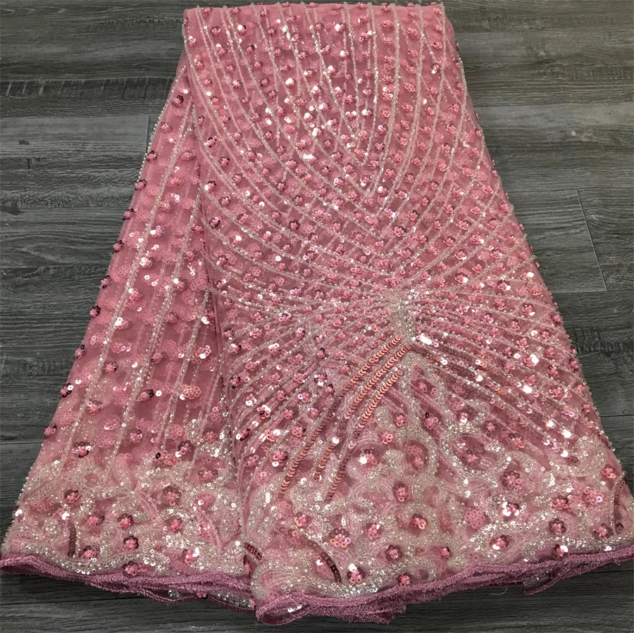 Latest African Sequins Lace Fabric 2025 High Quality Lace Embroidery Beaded Mesh Fabric 5 Yards For Women Wedding Party Dress