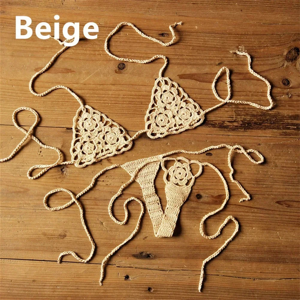 Crochet Bikini Set G-String Lace Up Thong Beach Swimwear Sexy Swimsuit Bra Set For Summer Swimming Party Holiday