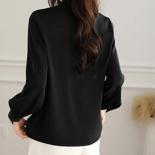Women Elegant Solid Chiffon Shirts For Women Long Sleeve All-match Bow Blouses Vintage Basic Tops Femme Fashion New