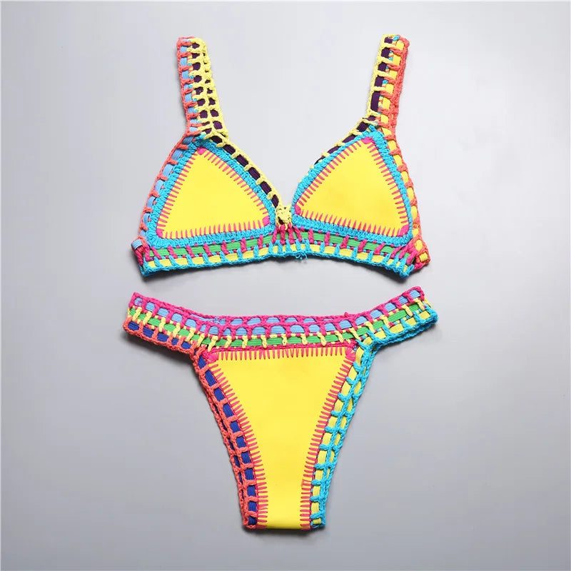 Bikini Crochet 2025 Handmade Knit Patchwork Reversible 2 Piece Swimsuit Women Halter Top Brazilian Bathing Suit Thong Swimwear