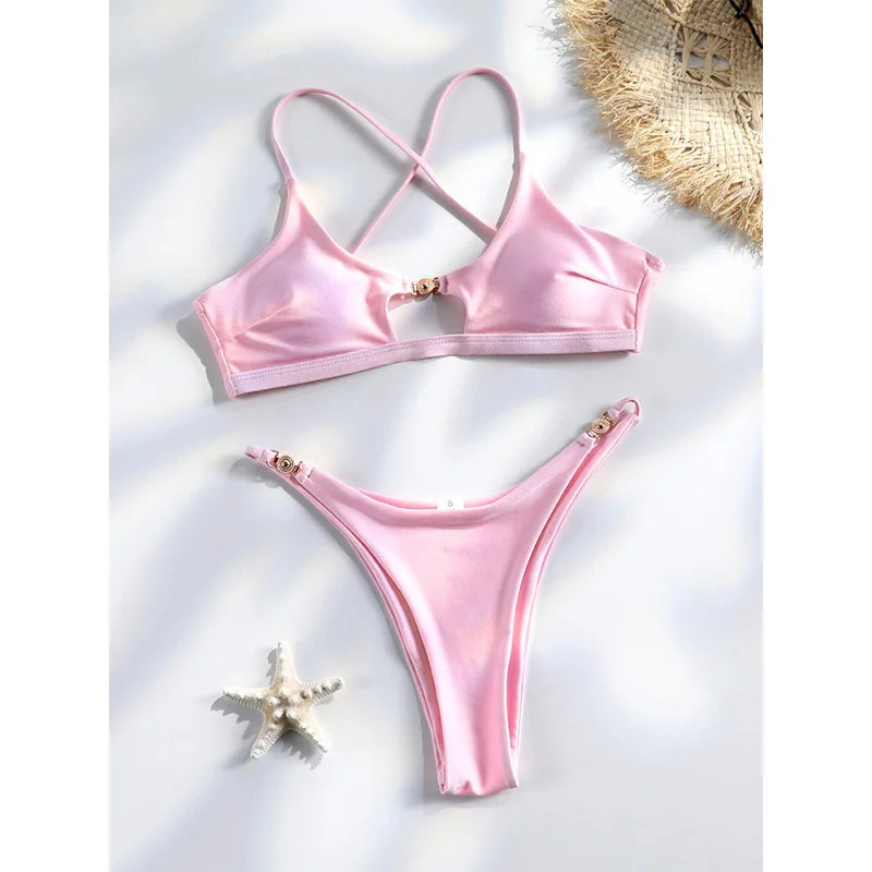 Sexy Bikini Set Solid Bikinis 2025 Swimsuit For Women Low Waist Bathing Suits Cut Out Bathsuit Summer Beachwear