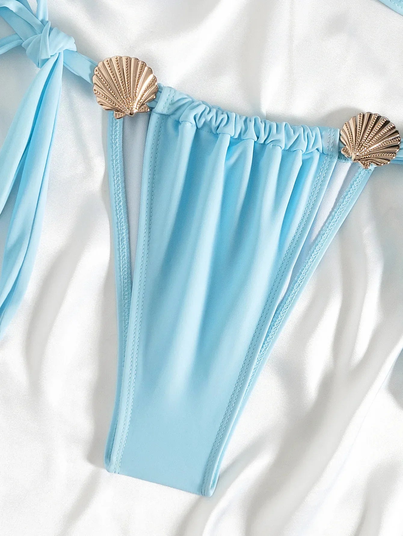 New Metal Shell Bikini 2025 Mujer Women Sexy Sky Blue Pleate Push Up Micro Swimsuit Beach Bathing Suit Tie Side Thong Swimwear