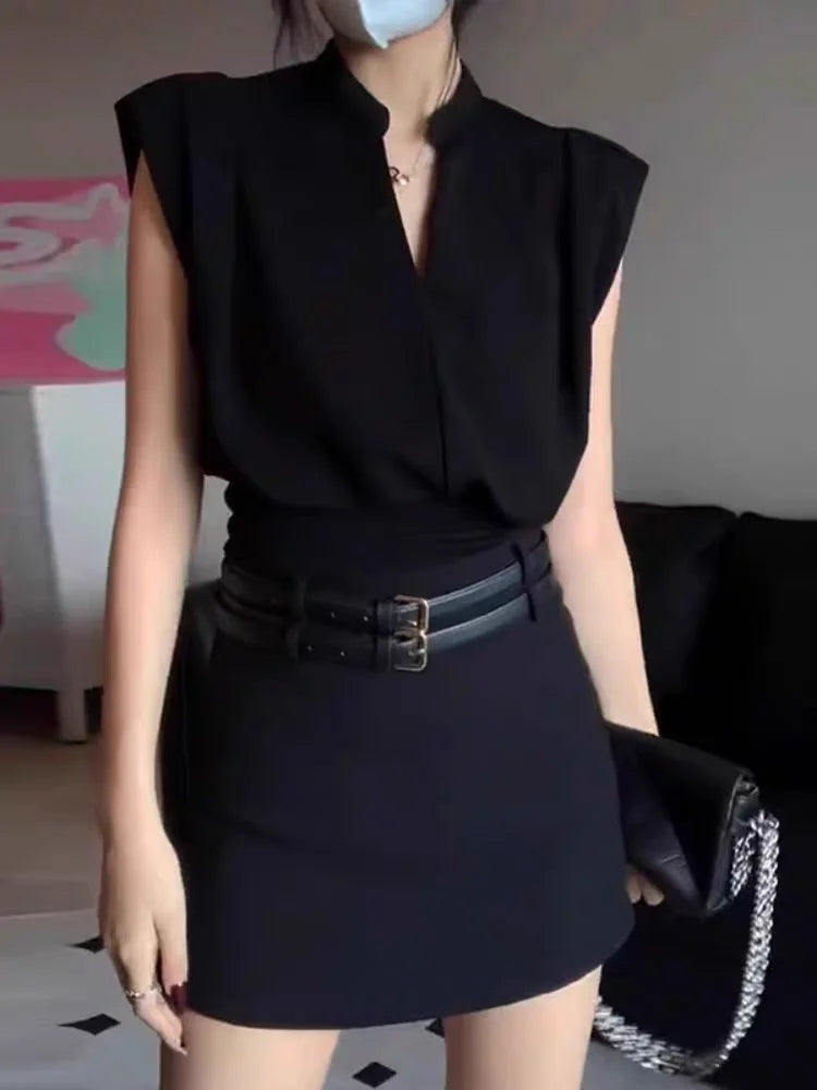 Camisas De Mujer Women Blouses V-neck Sleeveless Shirts Temperament Solid Color Crop Tops Summer Vintage All Match Blouse