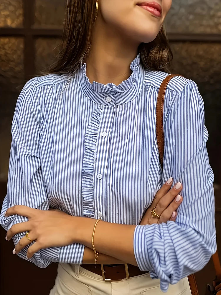 Plus Size Women's New Women's Blue Striped Shirt Basic Comfortable Versatile Temperament Long Sleeve Shirt