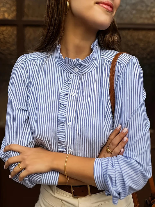 Plus Size Women's 2025 New Women's Blue Striped Shirt Basic Comfortable Versatile Temperament Long Sleeve Shirt