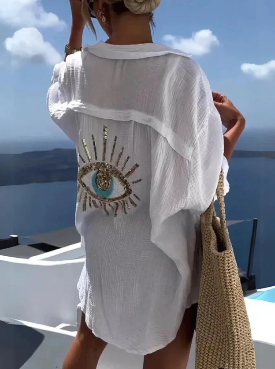 Casual Bright Sequin Evil Eye Shirt Women Summer Fashion Long Sleeve Loose Long Blouse Streetwear Turn-down Collar Cotton Tops