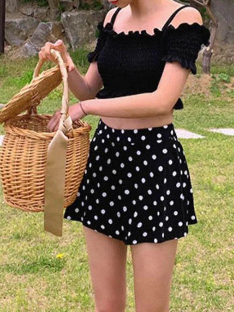 OIINAA Swimwear Women Halter Slash Neck Bikini Set Pleated Ruffled High Waist Dot Skirt Summer 2025 Vintage Hot Spring Swimwear