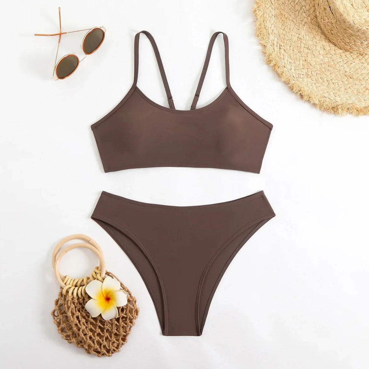 Sexy Backless Pure Color Bikini Swimwear New Women's Split Design Cross-Border Fashionable Poolwear in Various Sizes