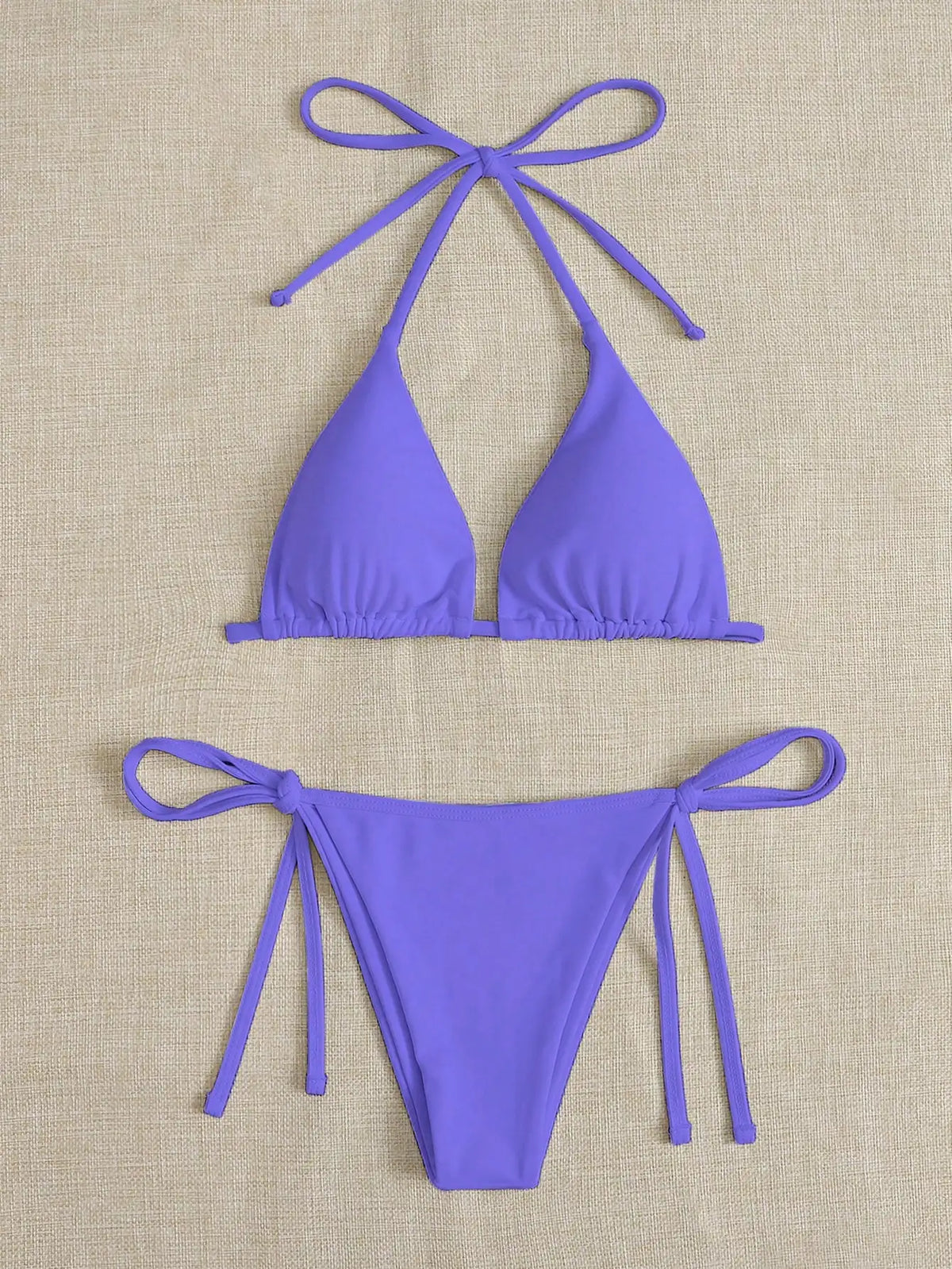 Solid color three-point bikini strap-on women's swimsuit set