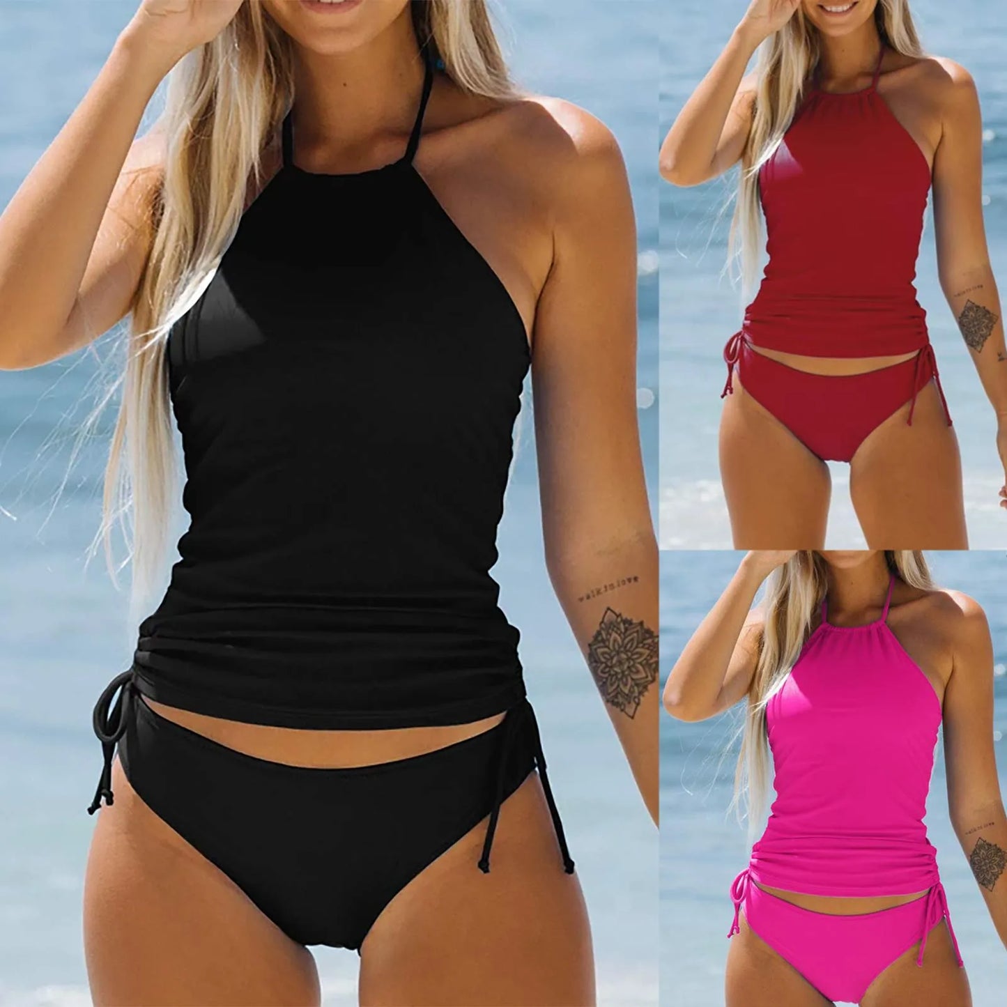 Summer Sexy Two Pieces Backless Bikini Set Pleated Edge Swimsuit Beach Bathing Suit With Chest Pad Halter Sleeveless Swimwear