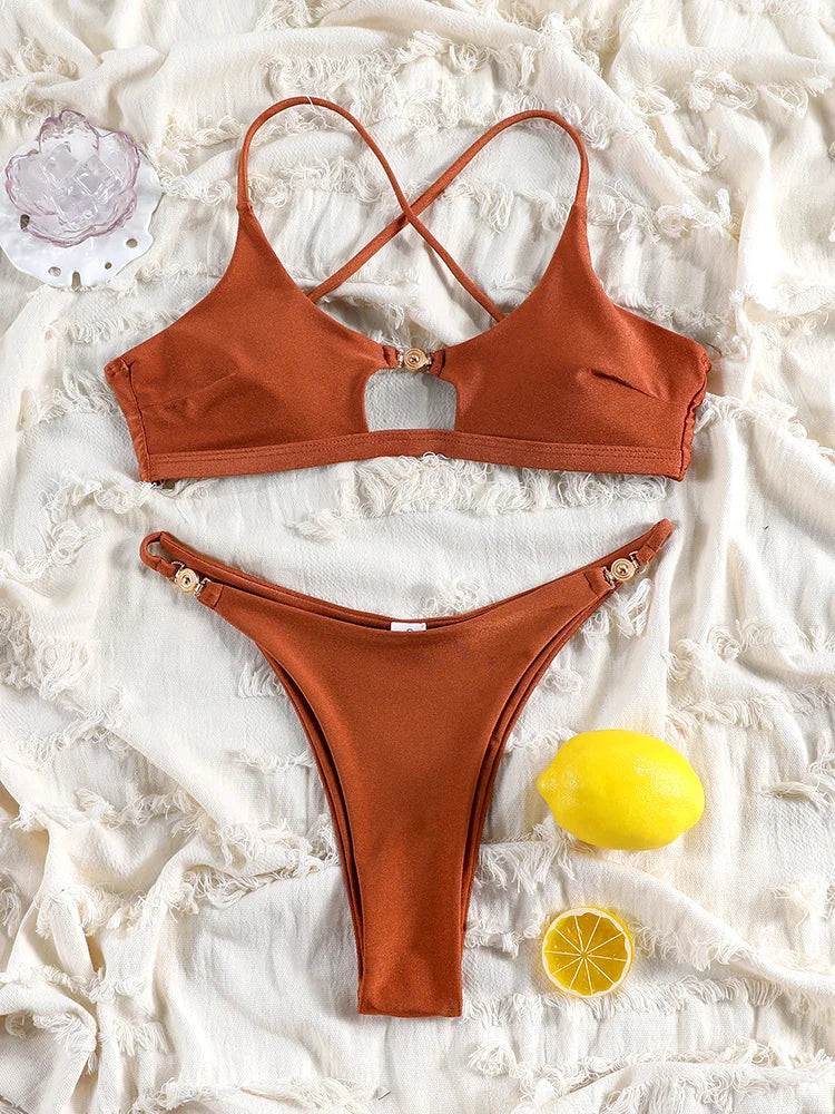 Sexy Bikini Set Solid Bikinis Swimsuit For Women Low Waist Bathing Suits Cut Out Bathsuit Summer Beachwear