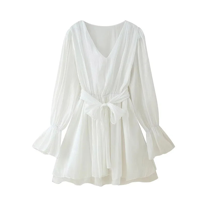 All Seasons Solid Color V-Neck Flared Long-sleeved Dress Women Bow Sashes A-line Midi Dress Female Casual Elegant Wear 2025 new