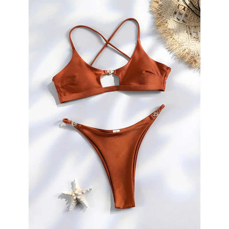 Sexy Bikini Set Solid Bikinis Swimsuit For Women Low Waist Bathing Suits Cut Out Bathsuit Summer Beachwear