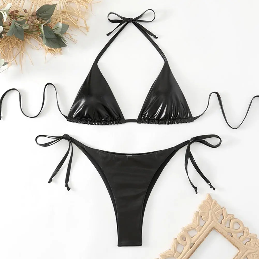 Solid Color Halter Neck Strap Thong Women Swimsuit Two Pieces Bikini Set Bronzing Surface Lace-up Briefs Beach Swimwear Swimsuit