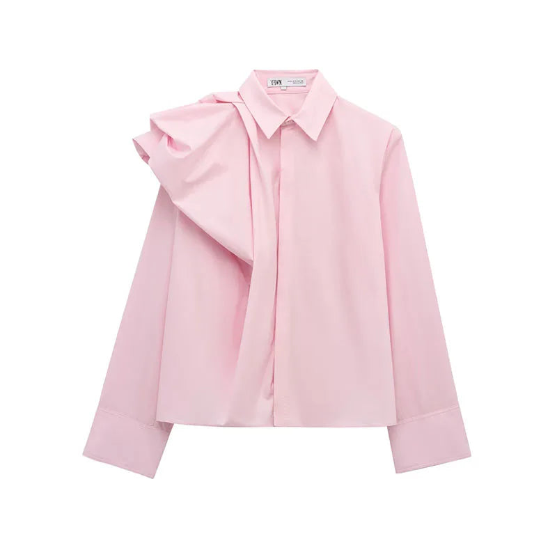 Women Poplin Shirt Spring Long Sleeve Female Shirts Casual Shoulder with Added Volume Pleated Women's Party Shirts & Blouses