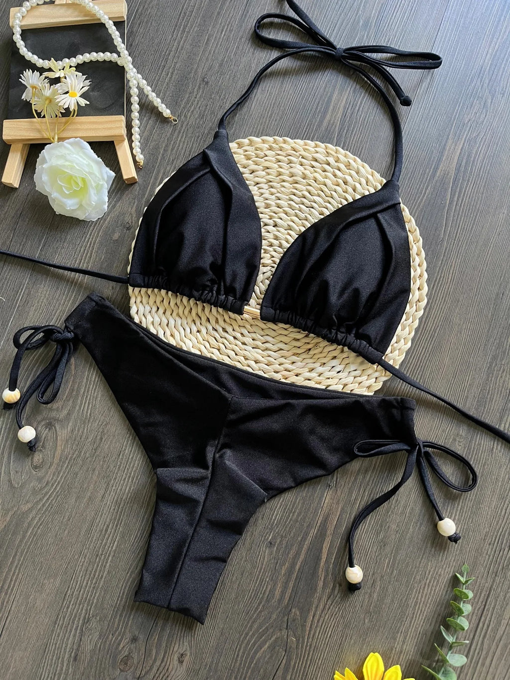 Sexy Halter Bandage Bikini Set Drawstring Beeds Patchwork Women Swimsuit Two-piece Triangle Thong Swimwear Bathing Suit Biquini