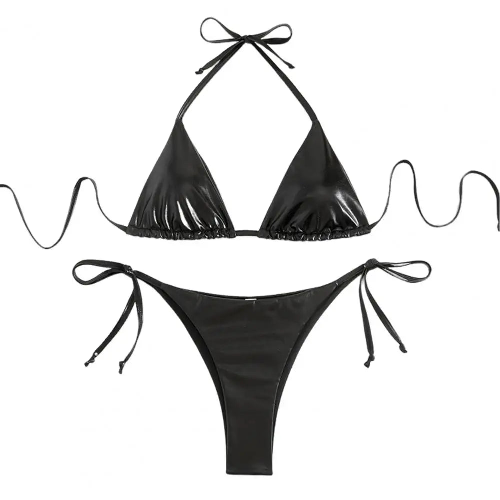 Solid Color Halter Neck Strap Thong Women Swimsuit Two Pieces Bikini Set Bronzing Surface Lace-up Briefs Beach Swimwear Swimsuit