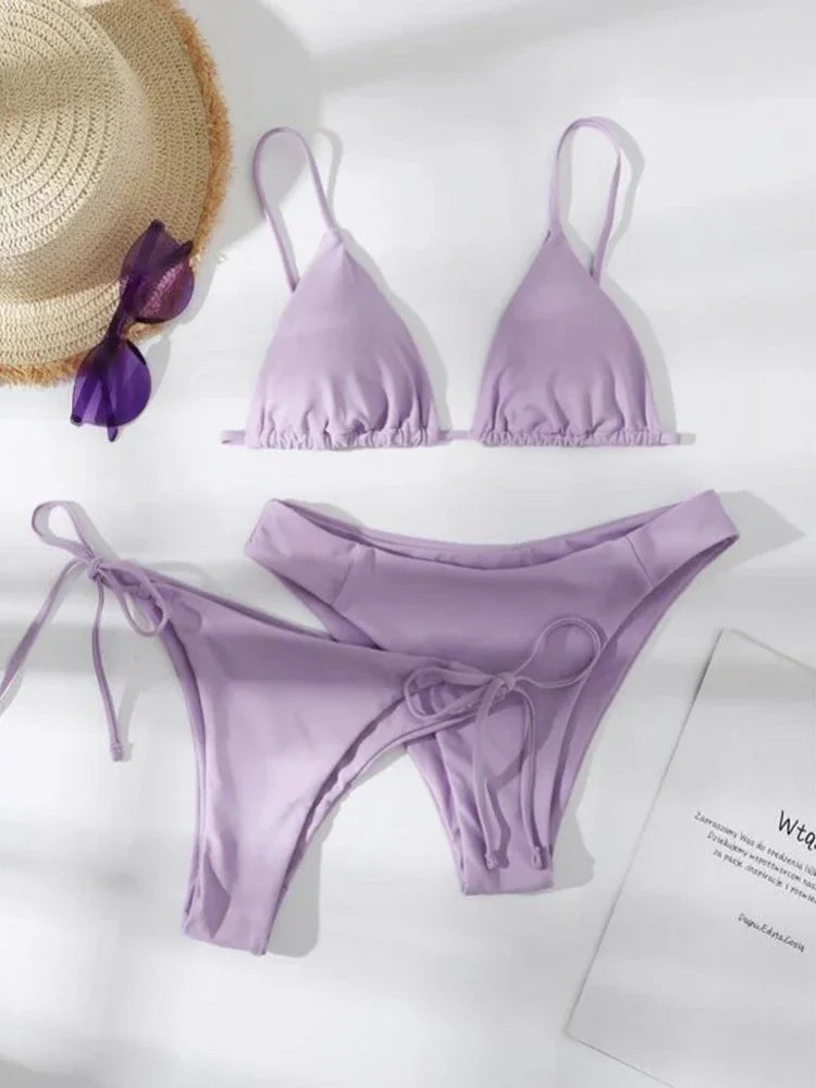 OIINAA Swimwear Women Sexy Solid Swimsuit Drawstring Bow Tie Bikini Set Three-pieces Beachwear Summer Thong Bather Bathing Suit