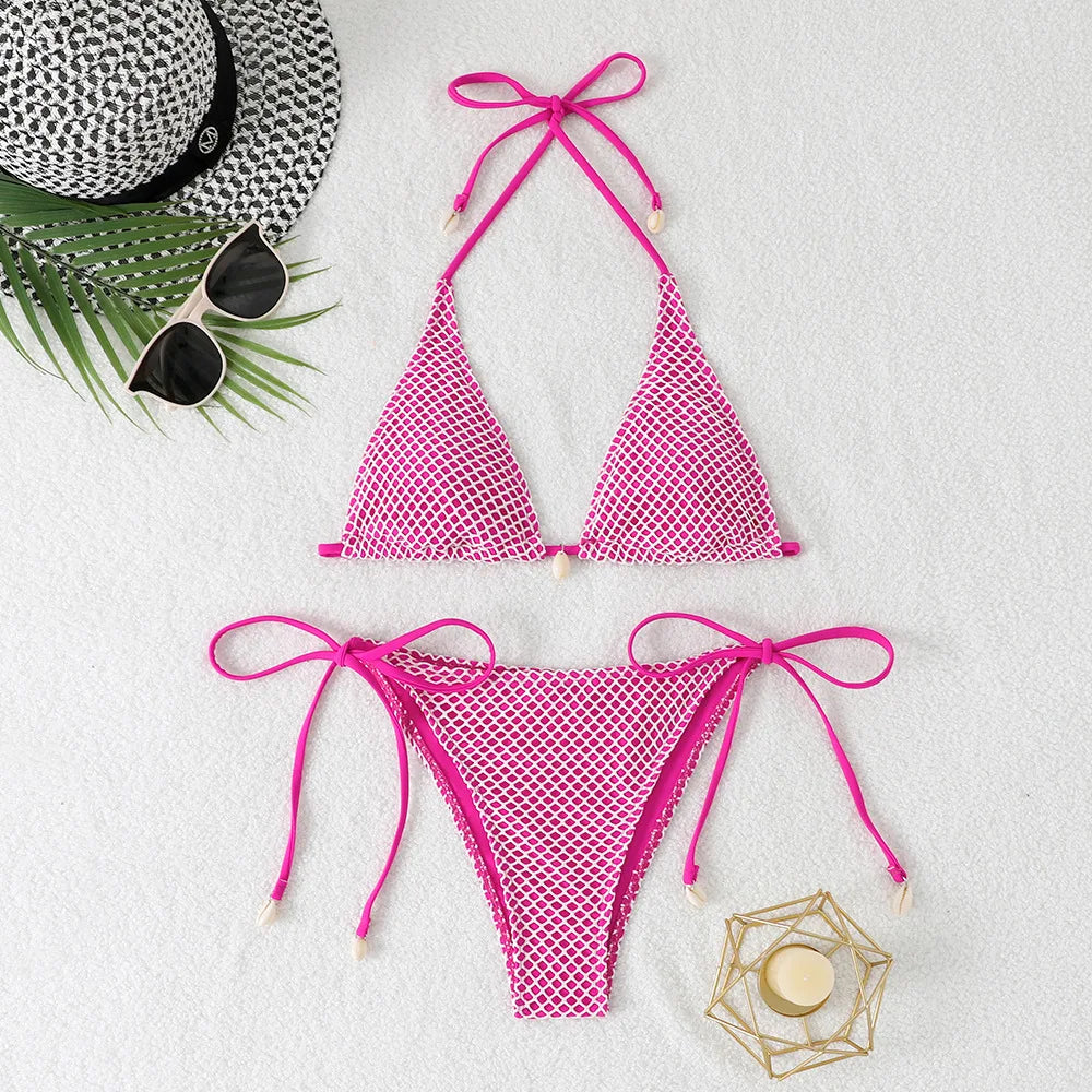 Grid Bikini Set for Women Solid Color 2 Piece Swimsuit Sexy Halter Lace-up Backless Thong Beach Vacation Swimwear New