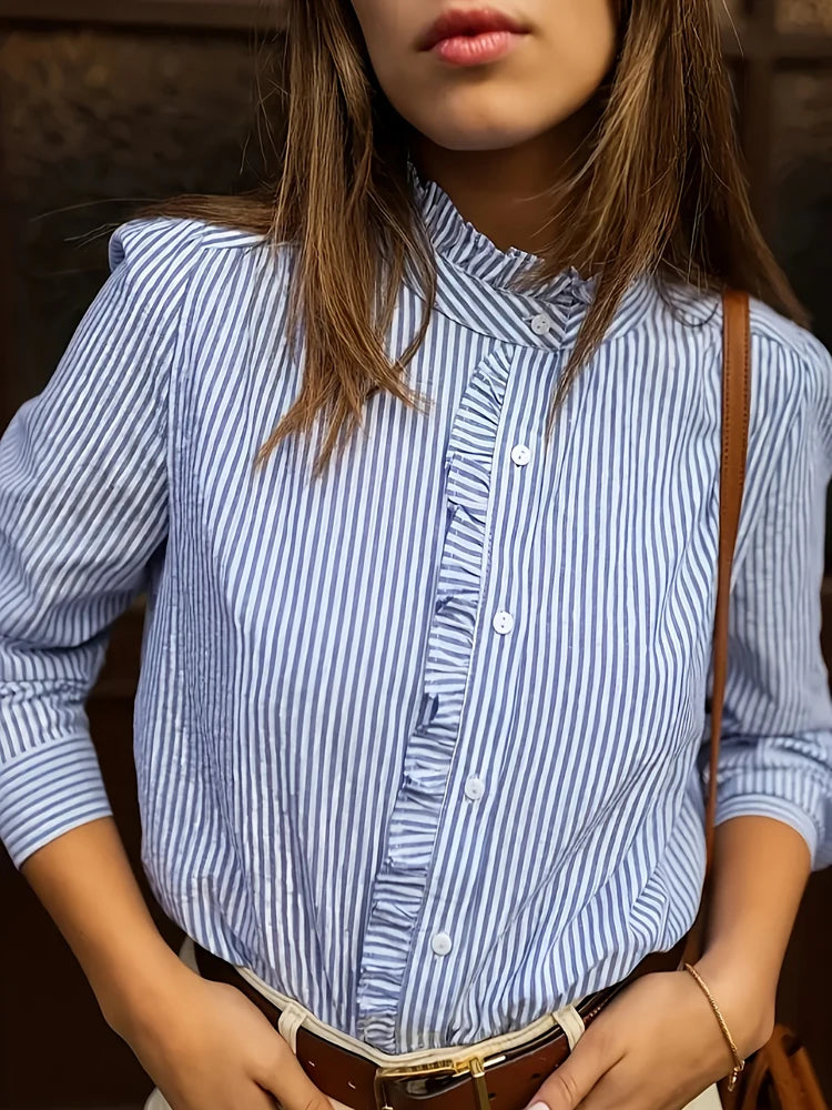Plus Size Women's New Women's Blue Striped Shirt Basic Comfortable Versatile Temperament Long Sleeve Shirt