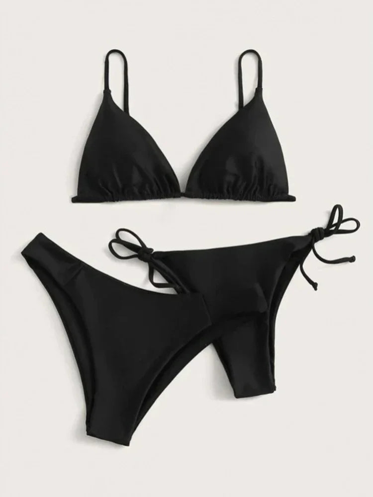 OIINAA Swimwear Women Sexy Solid Swimsuit Drawstring Bow Tie Bikini Set Three-pieces Beachwear Summer Thong Bather Bathing Suit