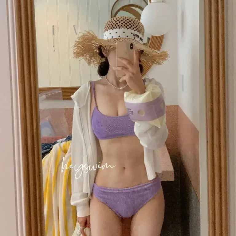 Multicolor Korean Japanese Style Bikini Set Women's Holiday Swimwear Girl's Color Separate Design Fashionable Beachwear