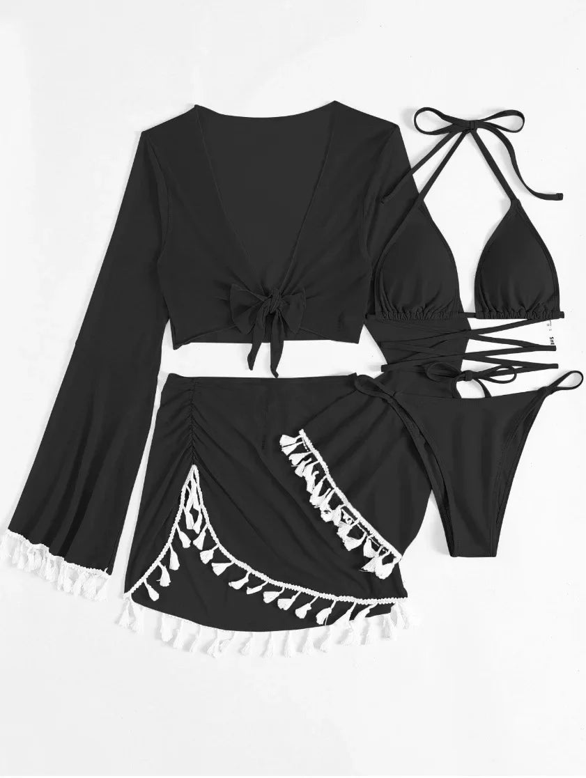 Swimming Suit Women Beach Wear Solid Beach Suit Tassel Cover Up Mesh Short Skirt Bikini Cute Swimming Pool Outfit Spring Summer