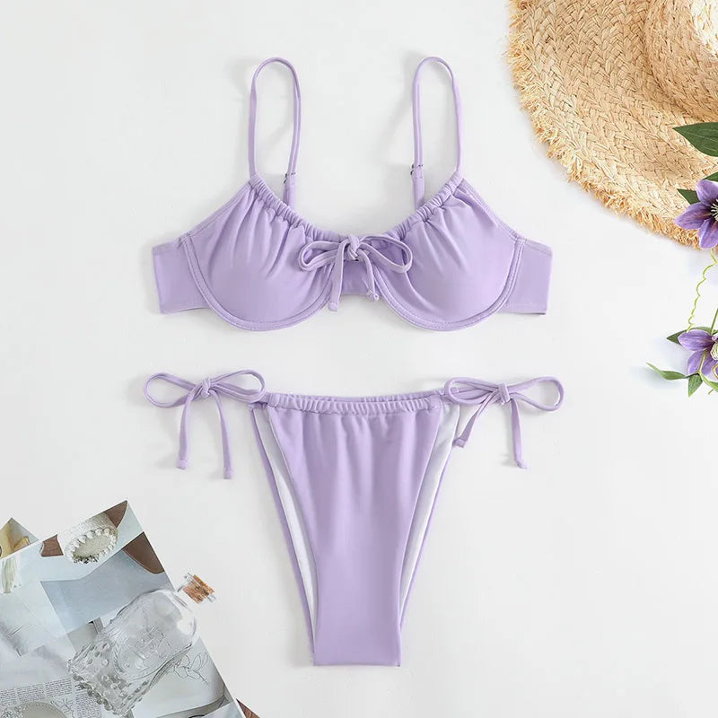 Sexy Bikini Set Women Bathing Suit Solid Pleated Lace Up Thong Split Micro Bikini Summer 2025 New Beach Wear Two Pieces Swimwear