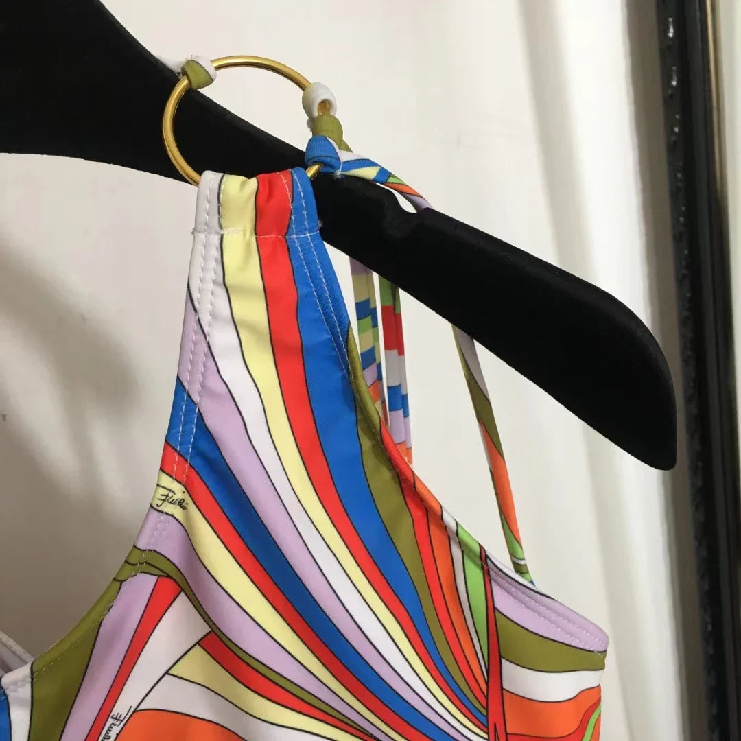 European Luxury Design Women's One-piece Swimsuits Striped Letter Print Swimwear Fashion Brand Women's Sexy Beach Bikini Sets